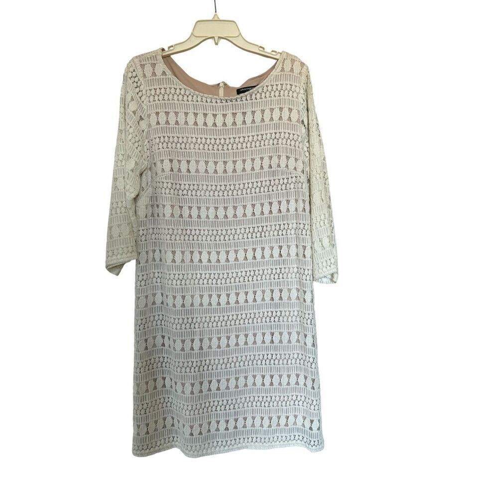 Sharagano Ivory Crochet Lace Shift Dress Women’s 14 Nude Lining 3/4 Sleeve NWT